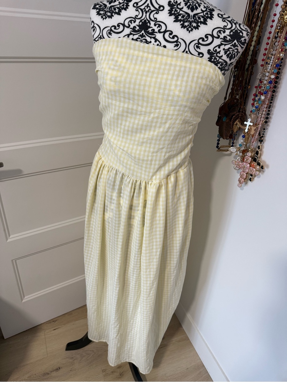 Strapless Yellow Gingham Midi Dress